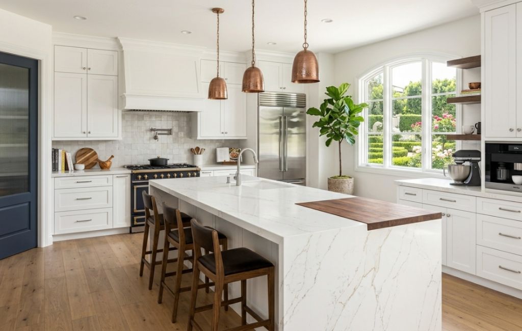 Professional countertop installation for a modern white kitchen with a large marble island, copper pendant lights, and premium custom countertops in Lakewood.